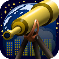 the teleoscope logo: a telescope on a tripode with a city and the earth seen from space in the background, with some stars behind